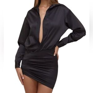House of CB Maddie Satin Draped Mini Dress Plunge V Neck Long Sleeve Size Large+